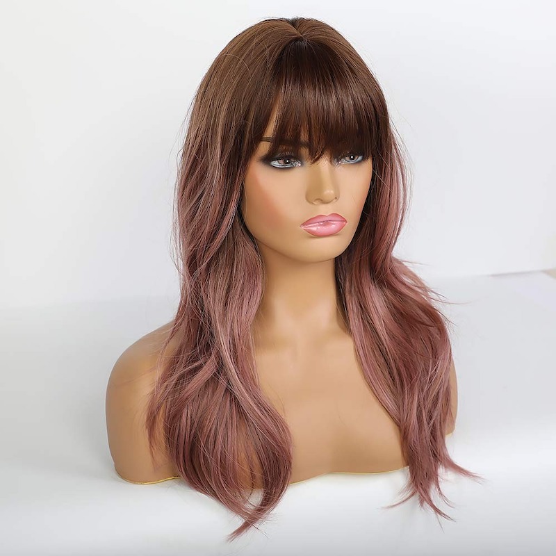 Pelucas onduladas de color rosa púrpura con flequillo Pelucas sintéticas rizadas naturales de Ombre