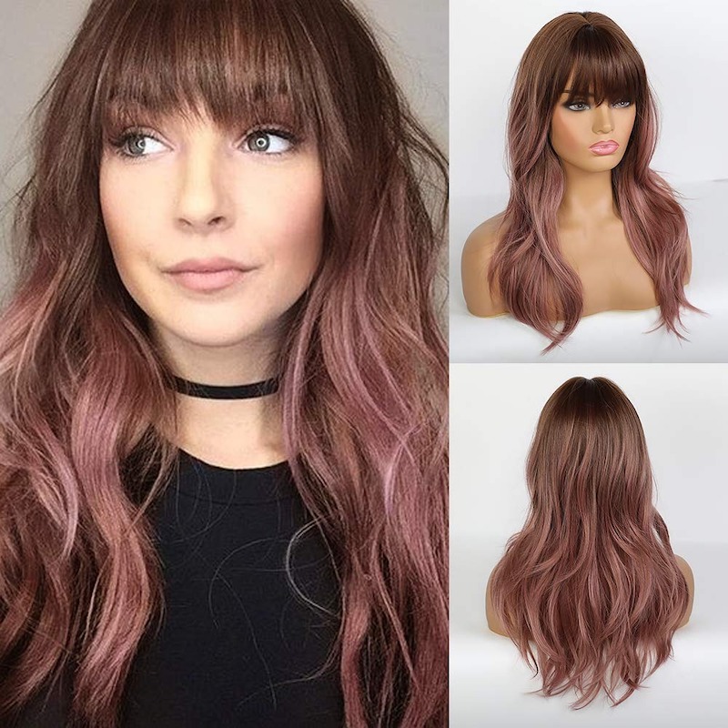 Pelucas onduladas de color rosa púrpura con flequillo Pelucas sintéticas rizadas naturales de Ombre