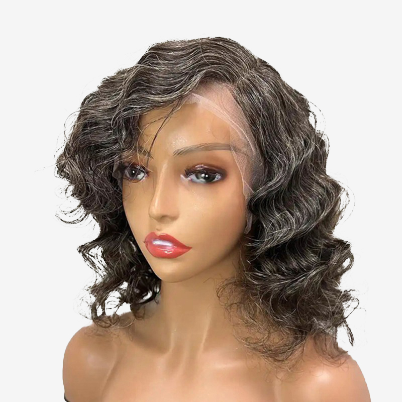 Sal y pimienta Pelucas de cabello humano Bob corto Pelucas de encaje sin cola