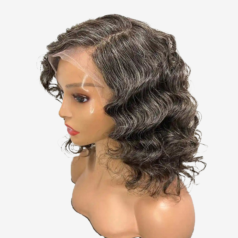 Sal y pimienta Pelucas de cabello humano Bob corto Pelucas de encaje sin cola