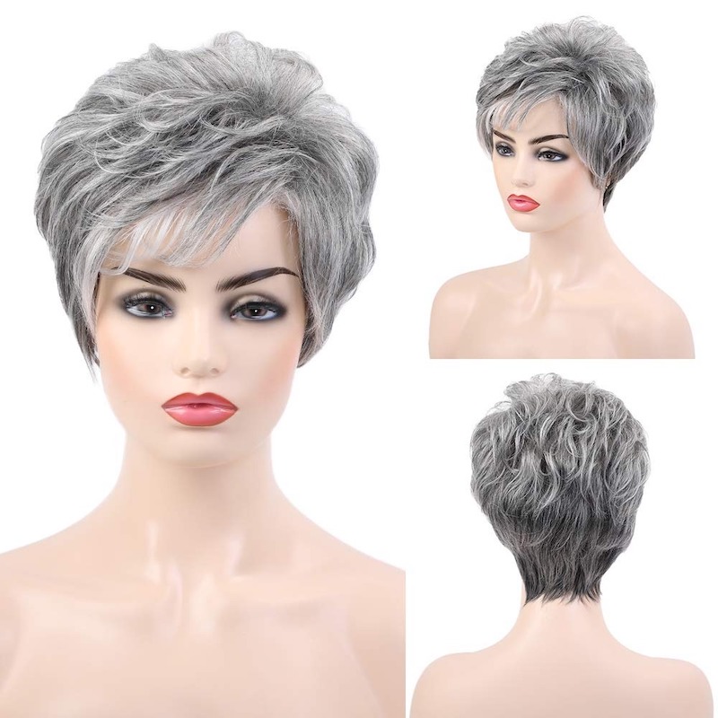 Pelucas sintéticas de sal y pimienta para mujer Peluca de corte Pixie con flequillo