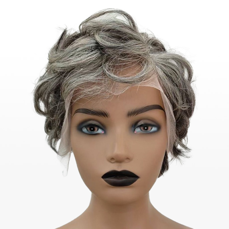 Peluca de corte Pixie personalizada de Salt & Pepper, pelucas con flequillo ondulado natural para mam&aacute;