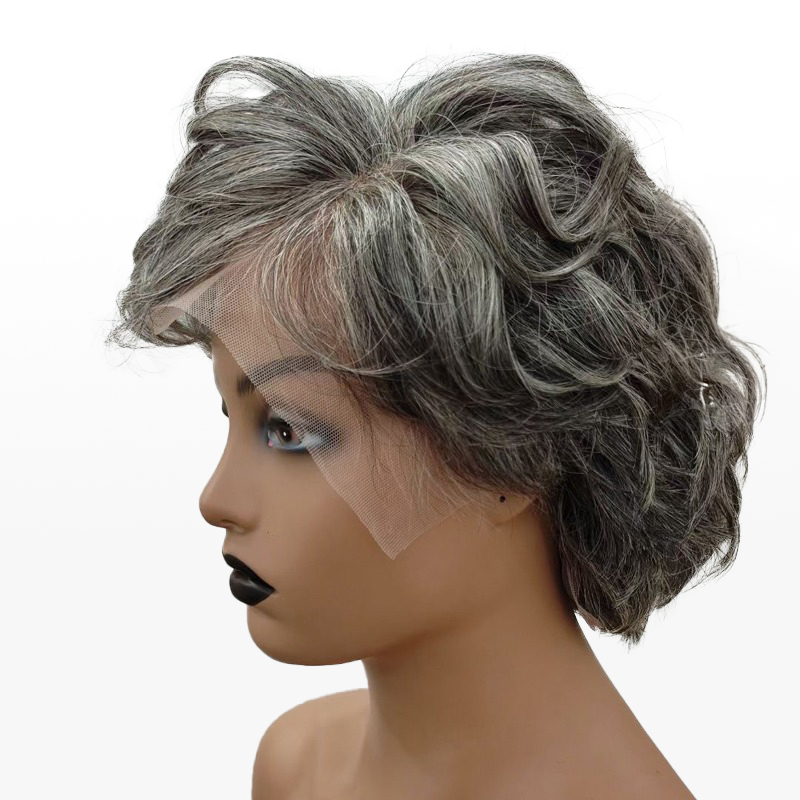 Peluca de corte Pixie personalizada de Salt & Pepper, pelucas con flequillo ondulado natural para mamá