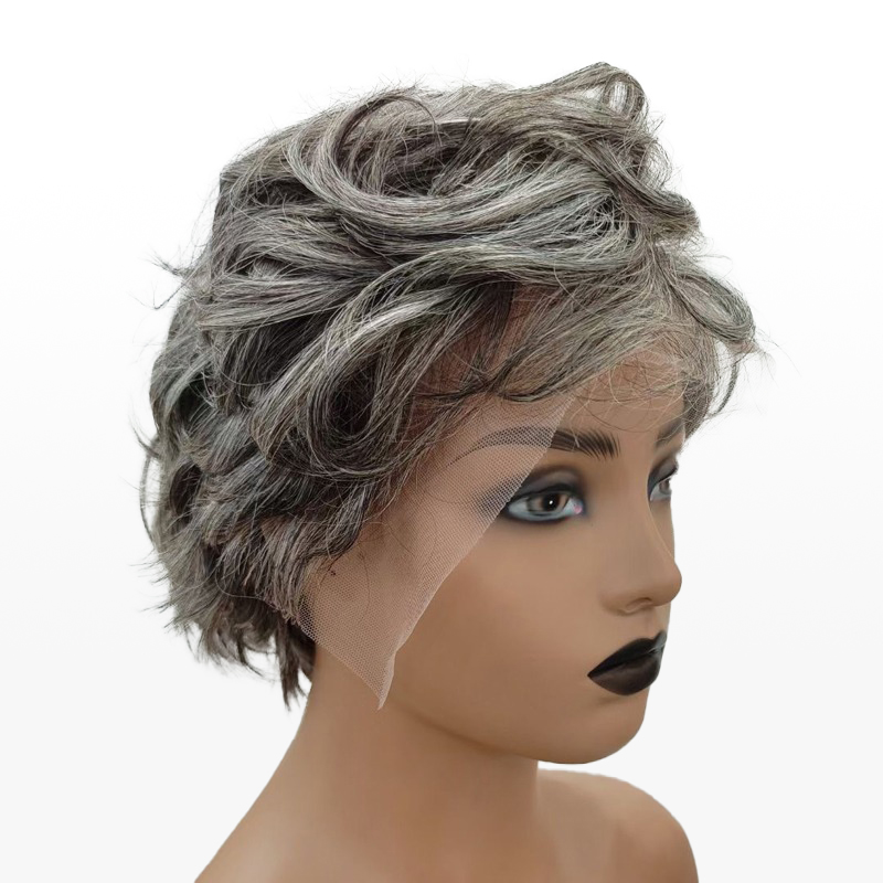 Peluca de corte Pixie personalizada de Salt & Pepper, pelucas con flequillo ondulado natural para mamá