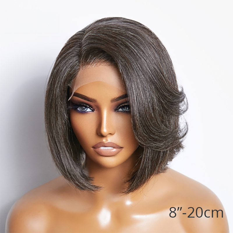Salt & Pepper parte lateral Bob estilo Glueless 4x4 cierre encaje peluca