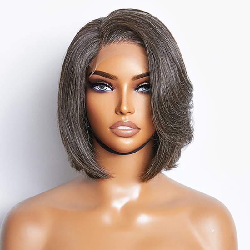 Salt & Pepper parte lateral Bob estilo Glueless 4x4 cierre encaje peluca