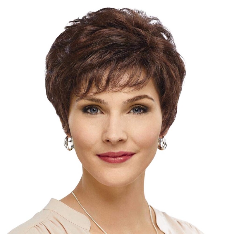 Pelucas de cabello castaño corto para mujer mezcladas con peluca de corte Pixie de fibra