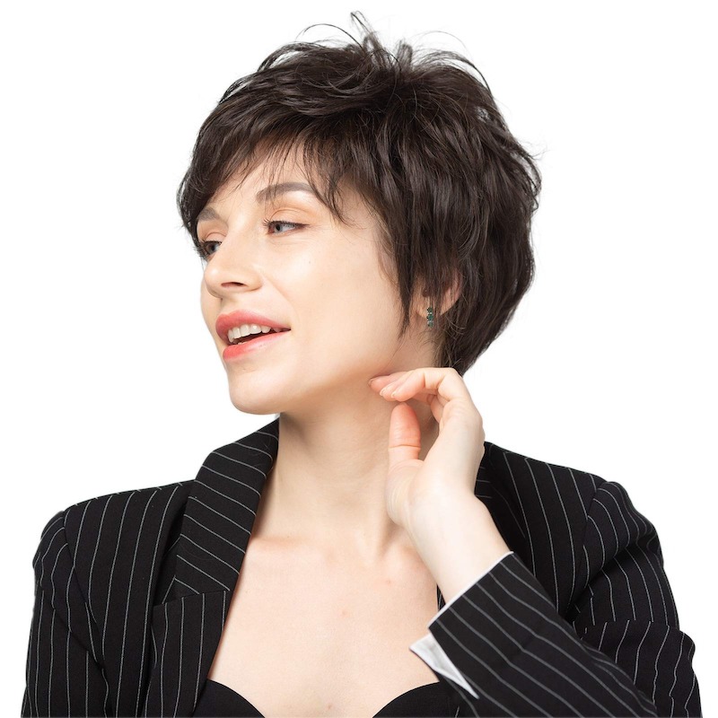 Pelucas sintéticas cortas de color marrón oscuro para mujeres y peluca diaria con corte Lady Pixie