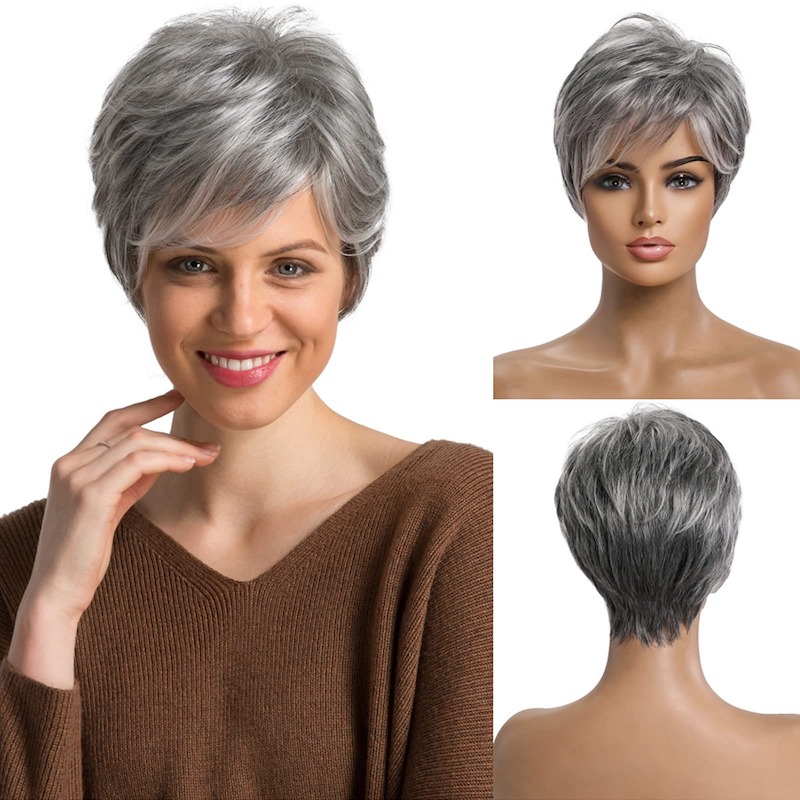 Pelucas cortas de pelo sintético gris para mujer, pelucas diarias con corte Pixie Natural