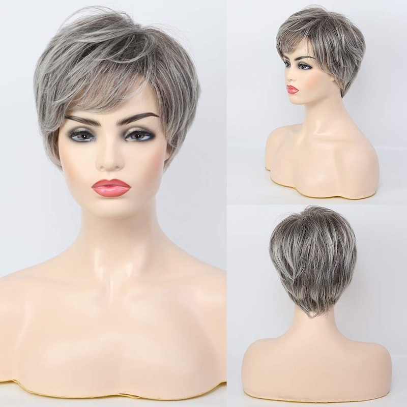Pelucas sintéticas grises cortas para mujer Peluca de corte Pixie diaria de cabello natural