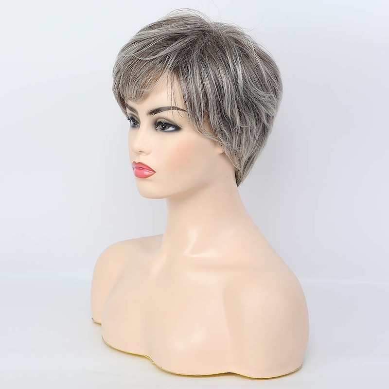 Pelucas sintéticas grises cortas para mujer Peluca de corte Pixie diaria de cabello natural