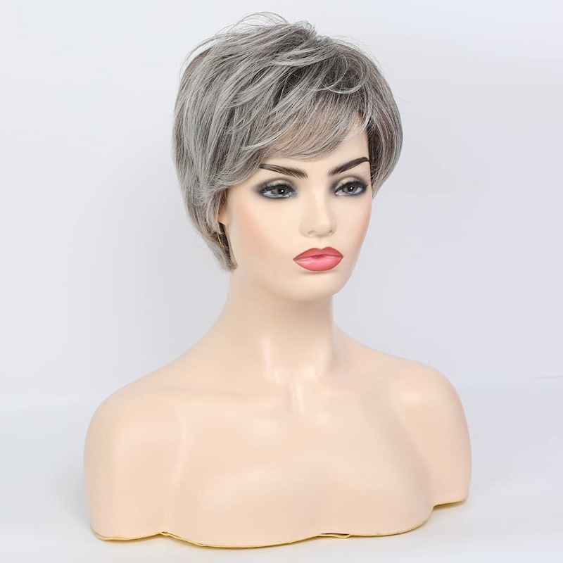 Pelucas sintéticas grises cortas para mujer Peluca de corte Pixie diaria de cabello natural
