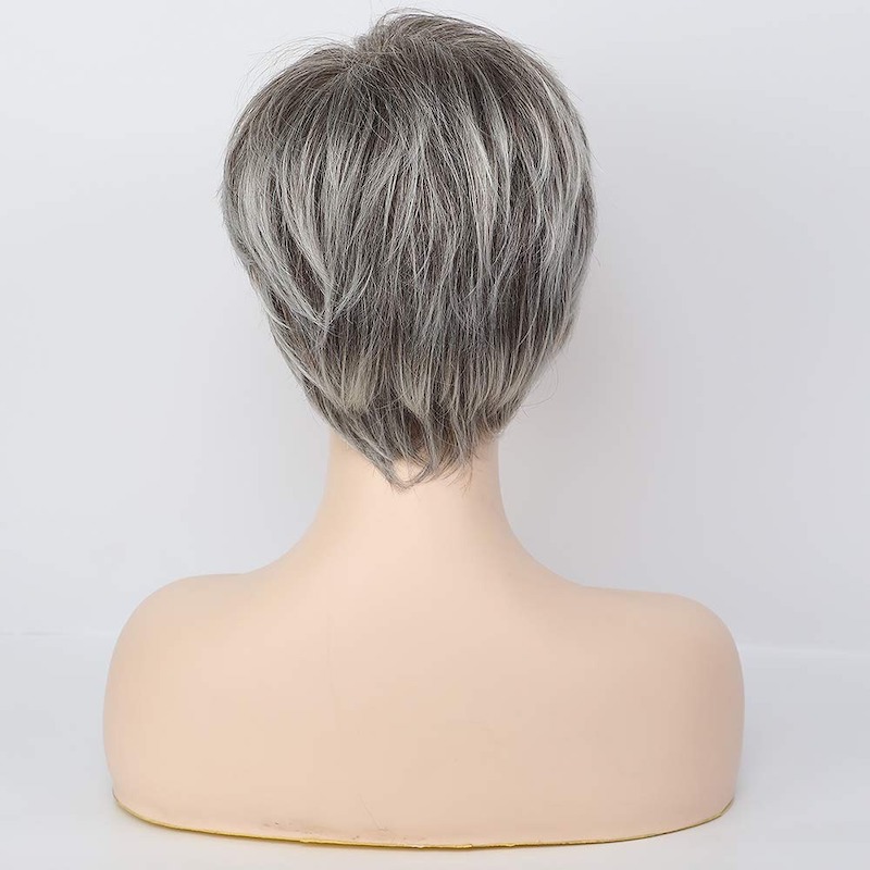 Pelucas sintéticas grises cortas para mujer Peluca de corte Pixie diaria de cabello natural
