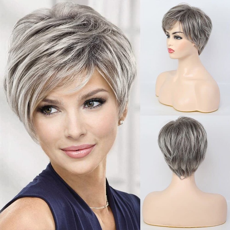 Pelucas sintéticas grises cortas para mujer Peluca de corte Pixie diaria de cabello natural