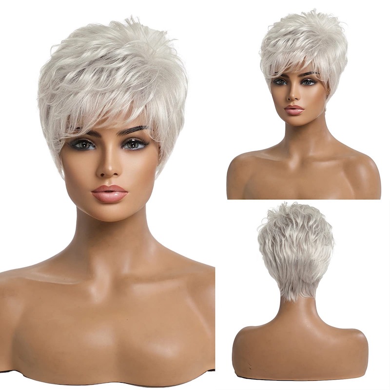 Pelucas cortas de pelo gris plateado para mujer mezclan peluca de corte Pixie con flequillo