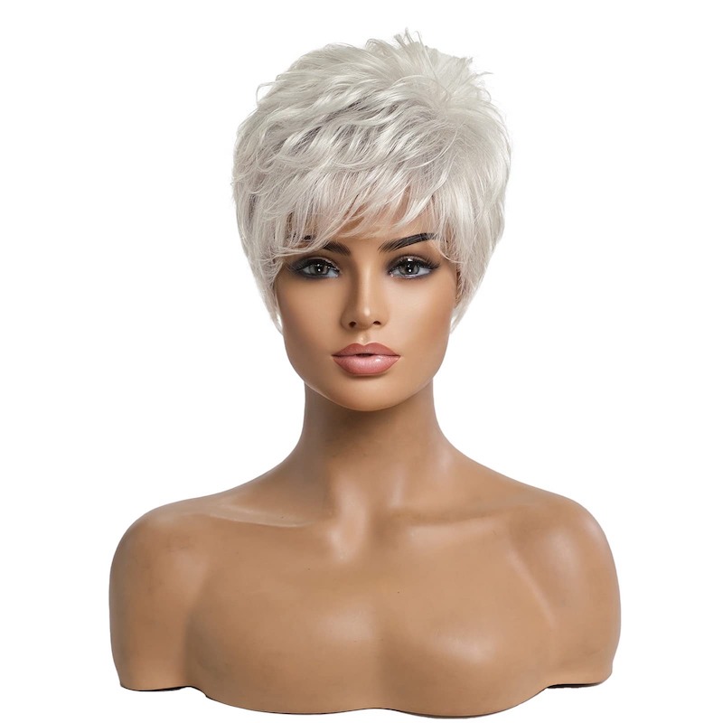 Pelucas cortas de pelo gris plateado para mujer mezclan peluca de corte Pixie con flequillo