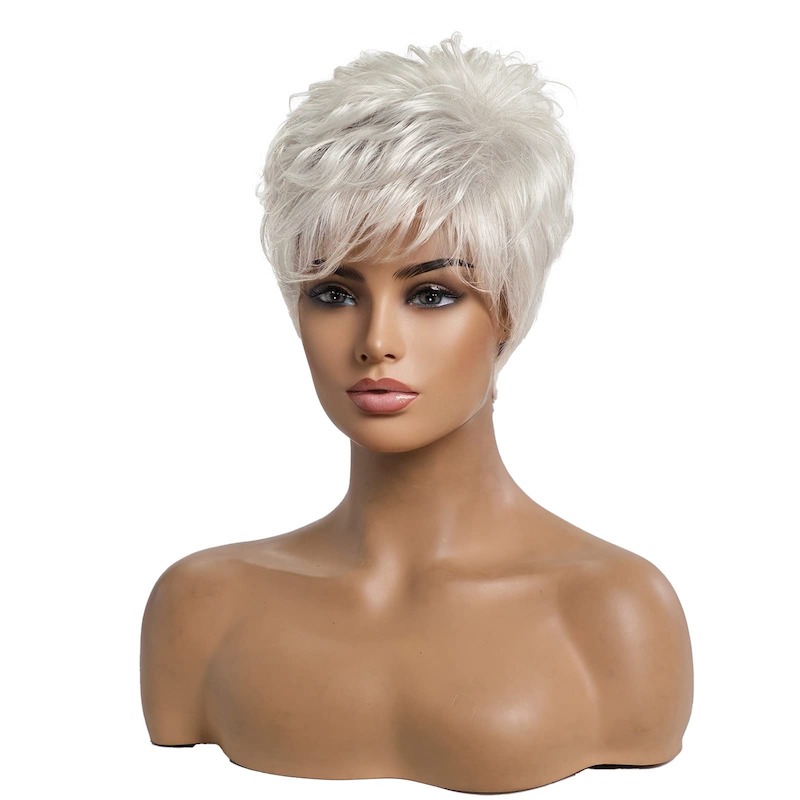 Pelucas cortas de pelo gris plateado para mujer mezclan peluca de corte Pixie con flequillo