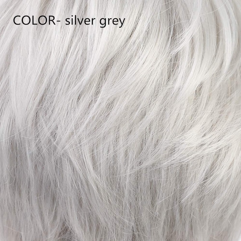 Pelucas cortas de pelo gris plateado para mujer mezclan peluca de corte Pixie con flequillo