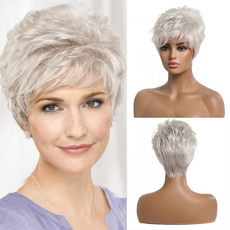 Pelucas cortas de pelo gris plateado para mujer mezclan peluca de corte Pixie con flequillo