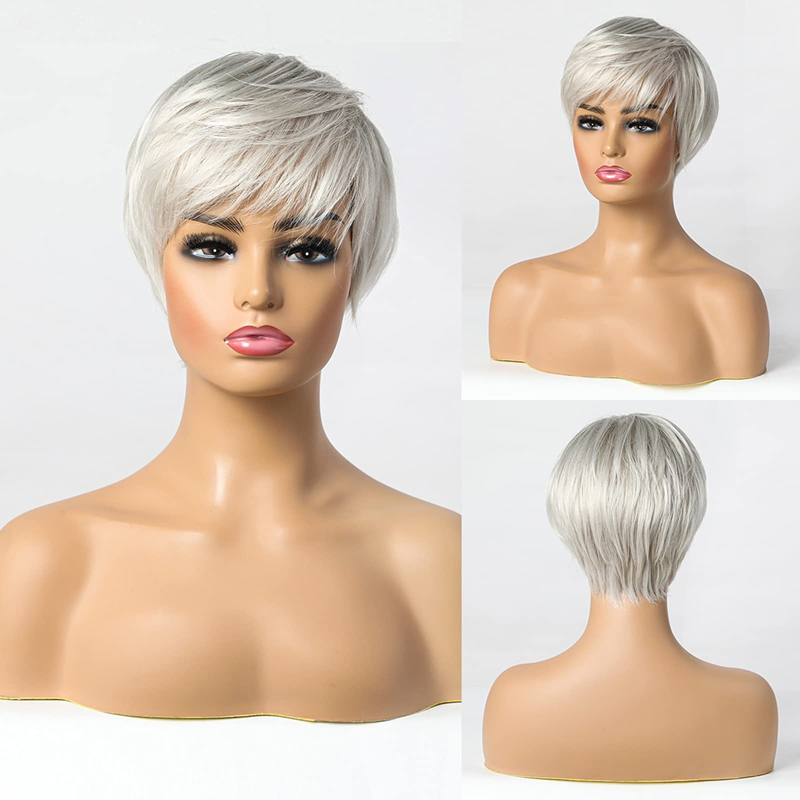 Pelucas sintéticas cortas de color gris plateado para mujer Peluca de corte Pixie