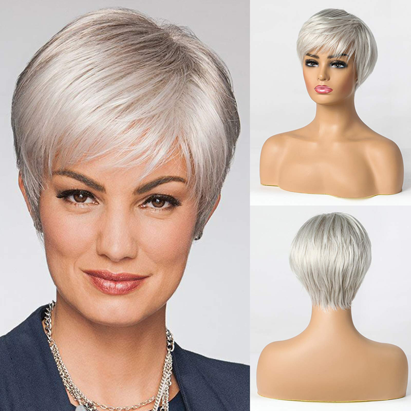Pelucas sintéticas cortas de color gris plateado para mujer Peluca de corte Pixie