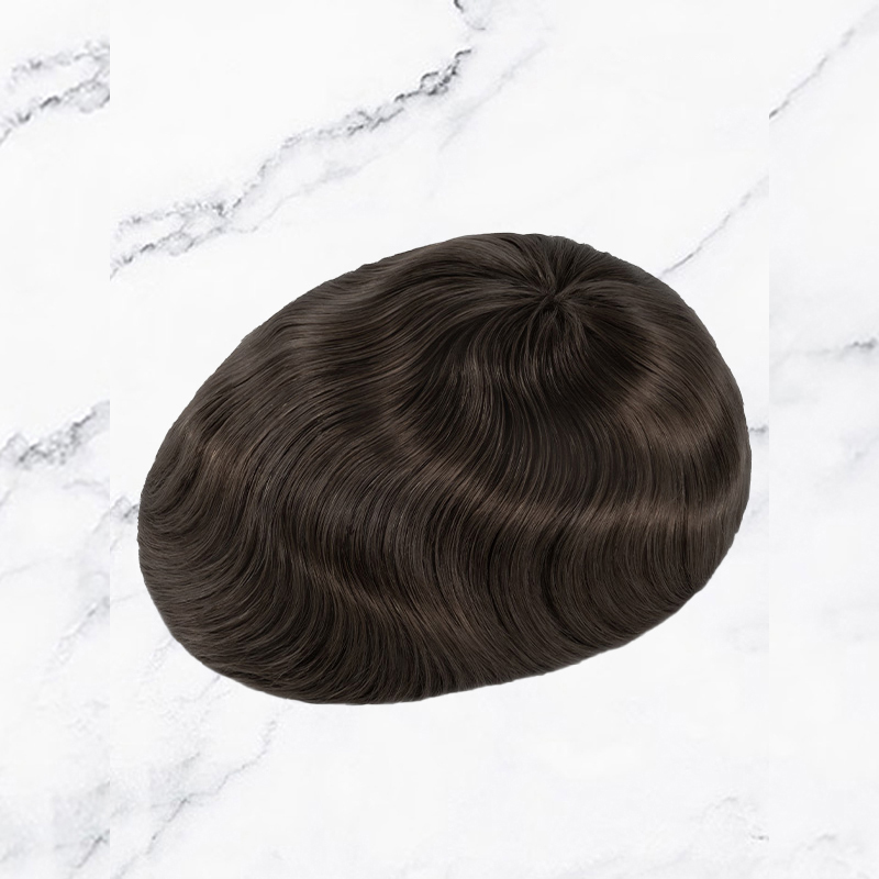 Stock Toupee Hair Piece Fine Mono con perímetro de PU y diseño de corte hacia atrás