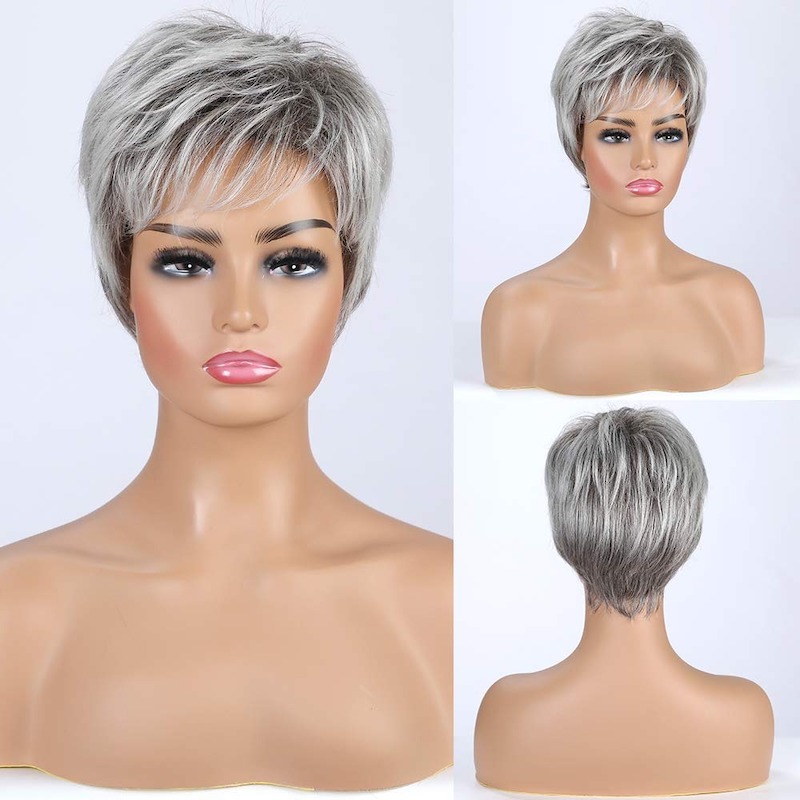 Peluca sintética gris corta con estilo para mujer Peluca de corte Pixie