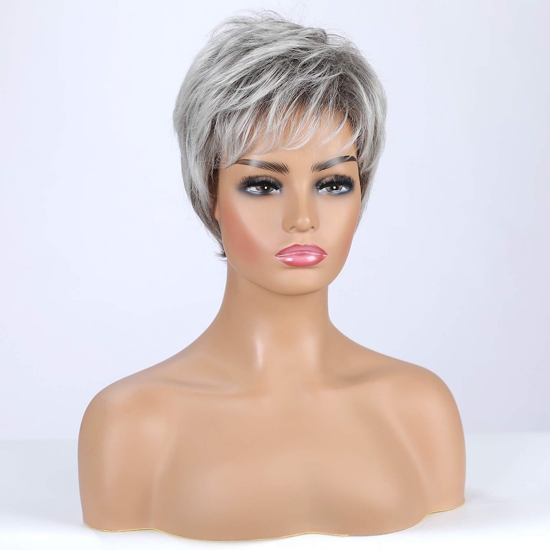 Peluca sintética gris corta con estilo para mujer Peluca de corte Pixie