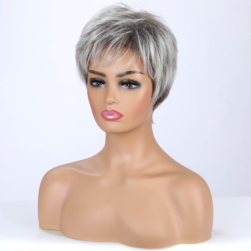 Peluca sintética gris corta con estilo para mujer Peluca de corte Pixie