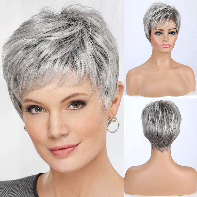 Peluca sintética gris corta con estilo para mujer Peluca de corte Pixie